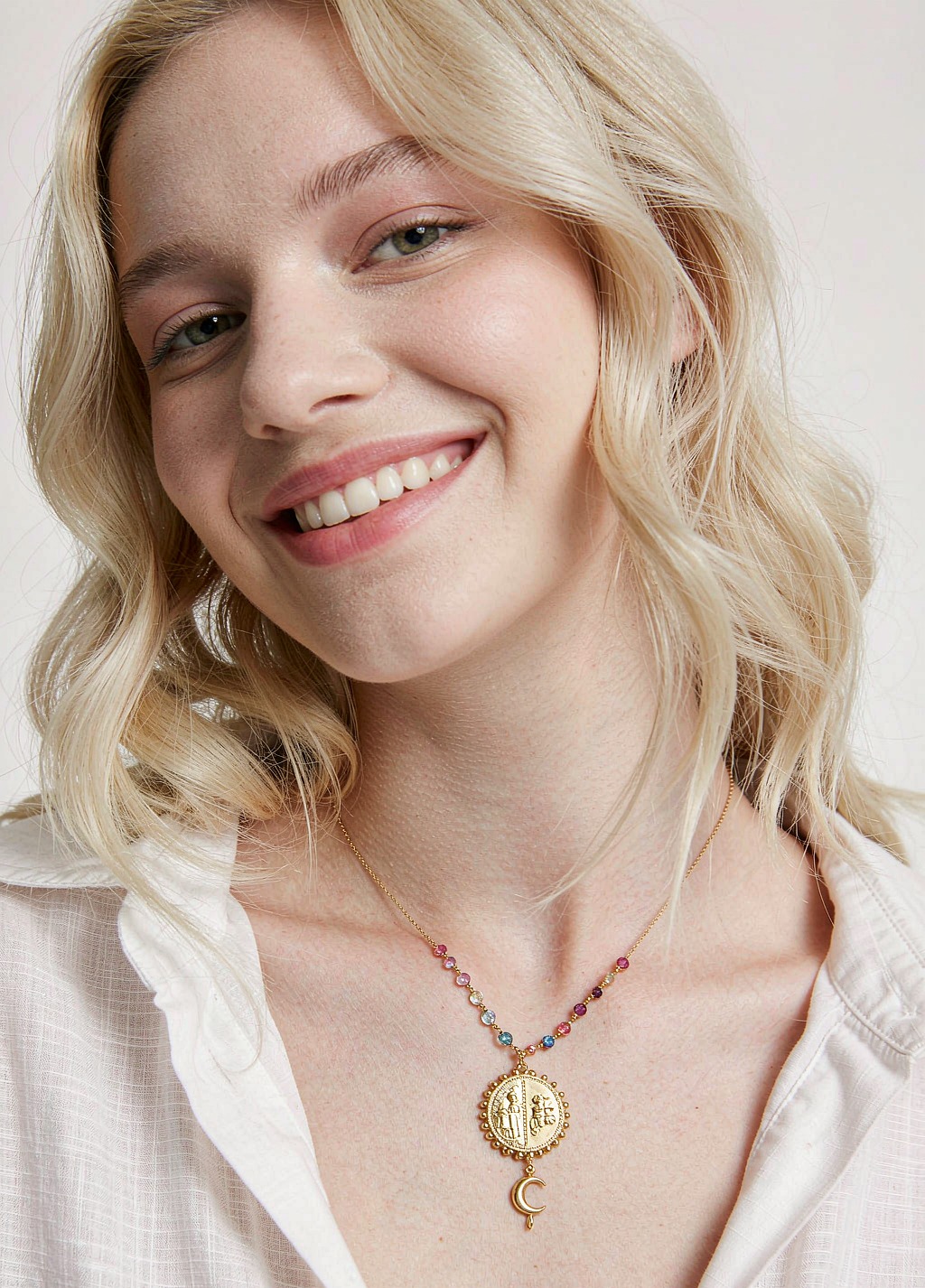 Multicolor gemstone bead necklace with gold coin pendant